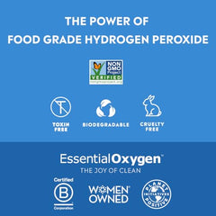 Close-up of Essential Oxygen label highlights food-grade peroxide.