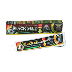 Essential Palace Organic Black Seed Toothpaste bottle shows fluoride-free formula for sensitive teeth.