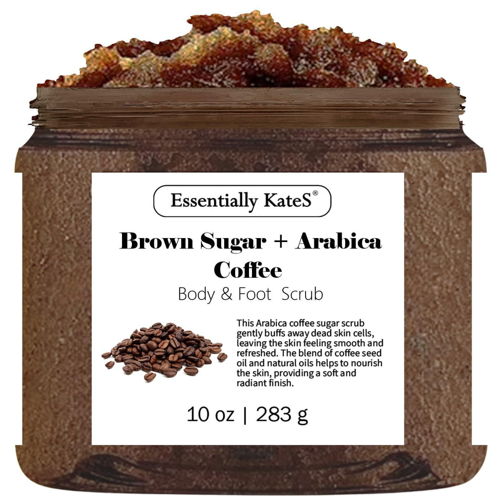 Essentially KateS Brown Sugar & Arabica Scrub bottle highlights exfoliation for radiant skin.
