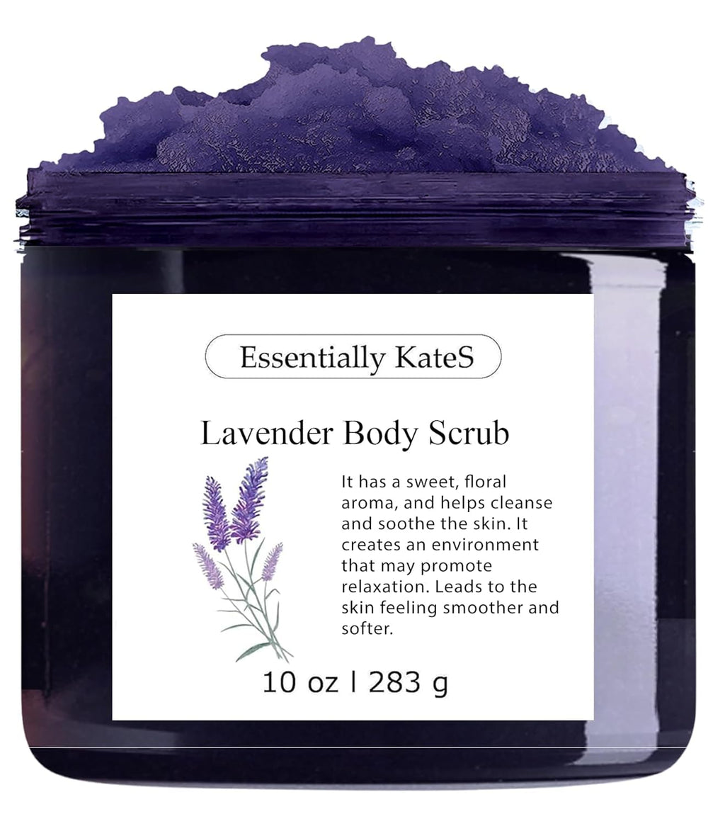 Essentially KateS Lavender Salt Scrub bottle offering spa-like exfoliation for silky skin.
