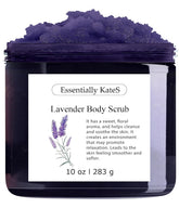 Essentially KateS Lavender Salt Scrub bottle offering spa-like exfoliation for silky skin.