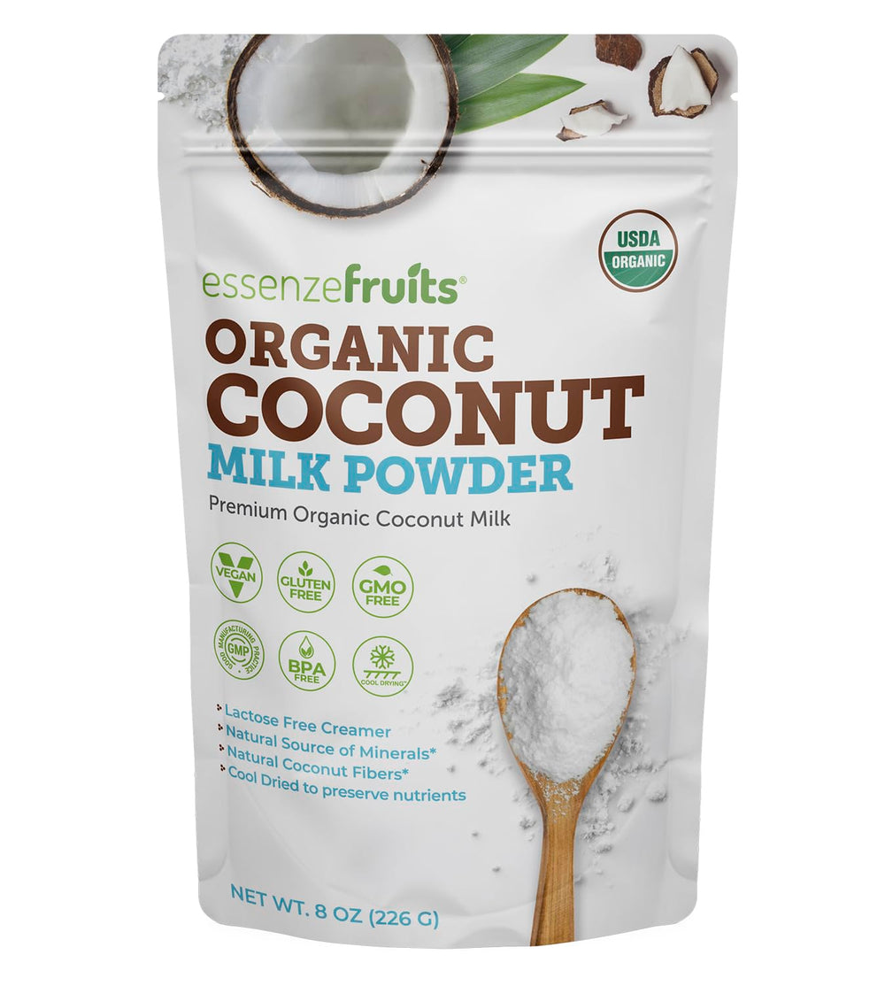 Essenzefruits Pure Organic Coconut Milk Powder packaging displays premium dairy‑free option
