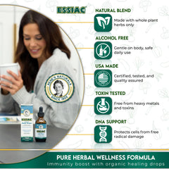 Essiac Original Tea bottle close-up with organic ingredients