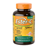Ester-C American Health 500 mg tablets on label emphasizing gentle stomach tolerance and immune support