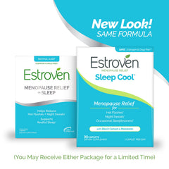 Estroven Sleep Cool bottle at night-use angle suggesting bedtime routine benefits.