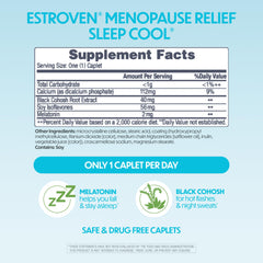 Estroven Sleep Cool label close-up highlights melatonin and natural extracts.
