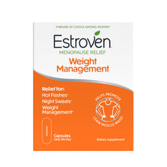 Estroven Weight Management bottle showing cap and label for menopause relief.