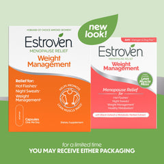 Estroven Weight Management bottle close-up highlighting natural ingredients for menopausal support.