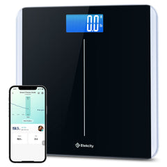 Etekcity Smart Scale on bathroom floor with compact 11x11 platform for daily weigh-ins.