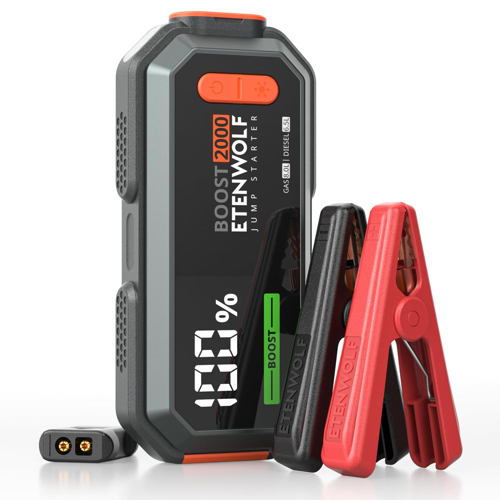 ETENWOLF 2000A jump starter front view, compact size ideal for glove box storage