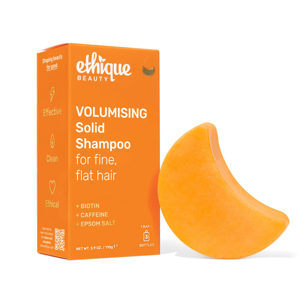 Ethique Volumizing Shampoo Bar with Biotin in eco packaging for travel.