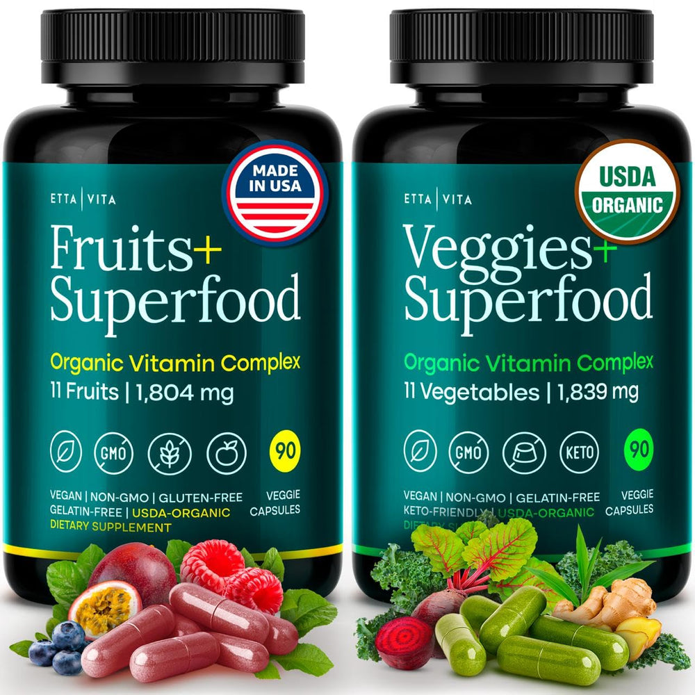 Etta Vita USDA Organic fruits and vegetables capsules in a bottle for daily nutrition