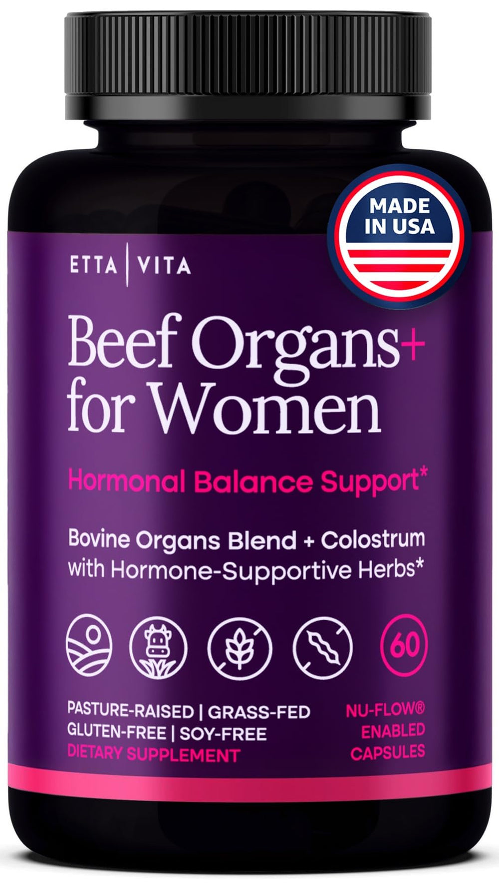 Etta Vita Primal Beef Organ Capsules for women's wellness, bottle on display.