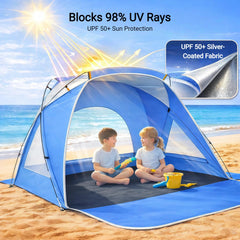 Etto Beach Tent shows quick cross-pole setup for easy shade.