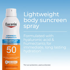 Eucerin sunscreen spray dispensing angle showing easy reach and even application