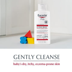 Label on Eucerin Baby Eczema Relief Cream Body Wash highlights fragrance-free formula