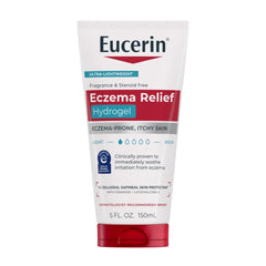 Eucerin Eczema Relief Hydrogel tube front shows fragrance-free, non-greasy daily use benefits.