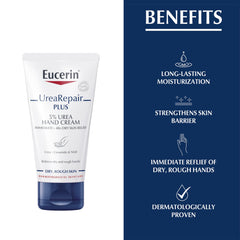 Application scene with Eucerin hand cream demonstrates quick absorption on dry hands.