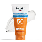 Eucerin Sun Advanced Hydration SPF 50 bottle front highlighting hydration benefits