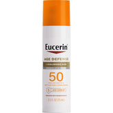 Eucerin Sun Age Defense bottle and pump for quick SPF 50 protection.