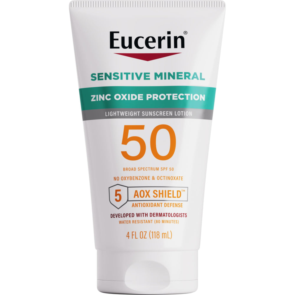 Eucerin Sun Sensitive Mineral Sunscreen Lotion SPF 50 tube front for daily protection.