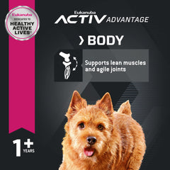 Back label reveals ingredients and nutrition details for small breeds.