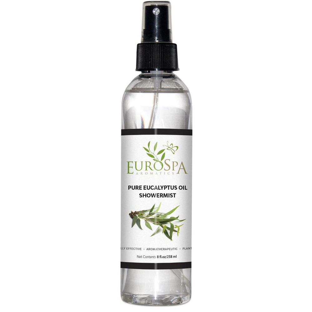 EuroSpa Aromatics Pure Eucalyptus Oil ShowerMist bottle for a refreshing home spa ritual.