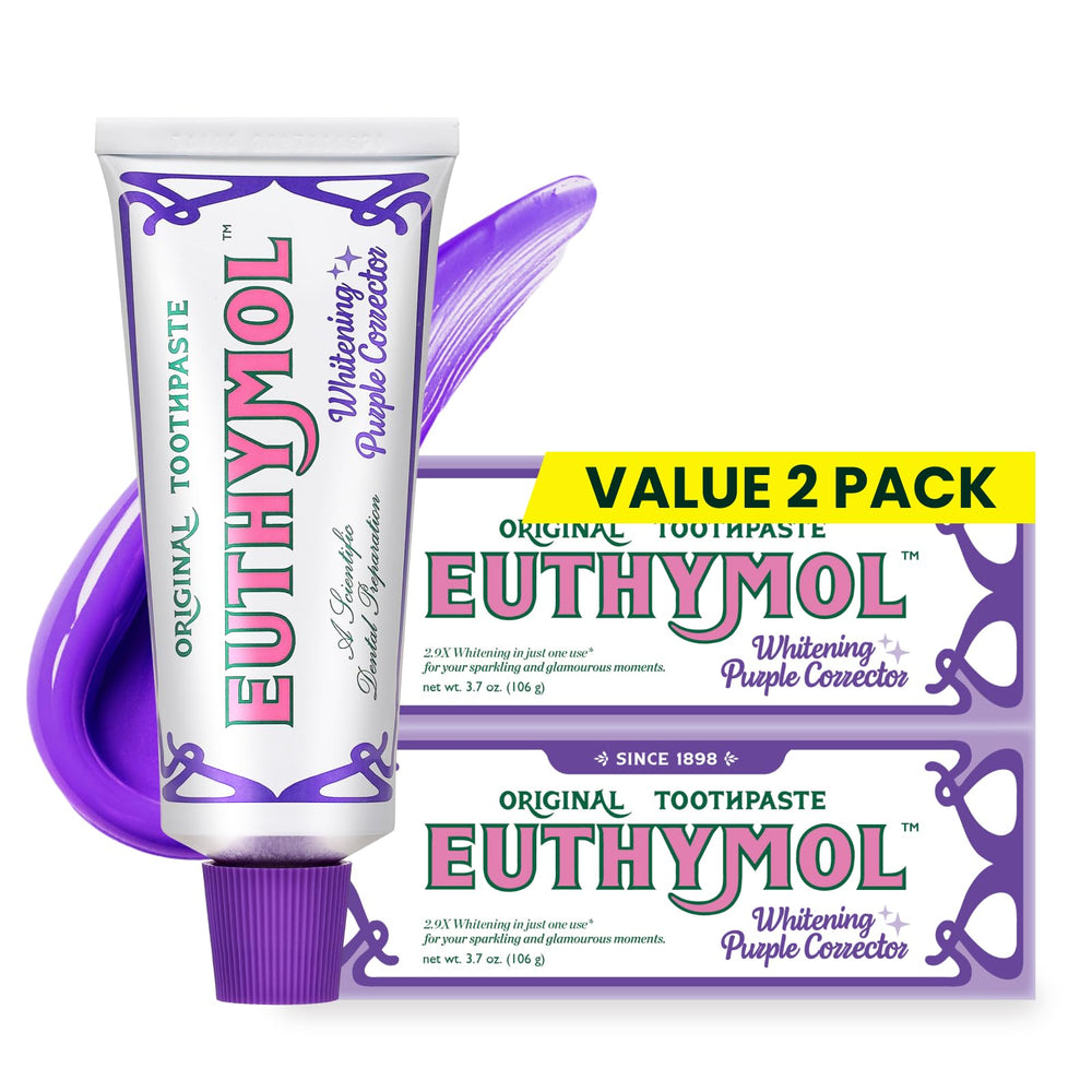 Euthymol Purple Whitening Toothpaste tube close-up showing whitening action and premium packaging