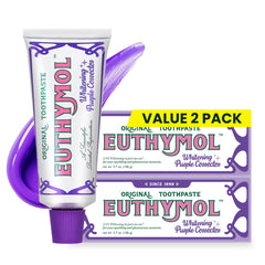 Euthymol Purple Whitening Toothpaste tube close-up showing whitening action and premium packaging