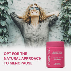EVABIOTIC Complete menopause capsules closeup; easy-to-swallow daily capsules for balance.