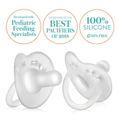 Evenflo Balance Plus pacifier clear close-up on baby mouth supporting calming self-soothing.