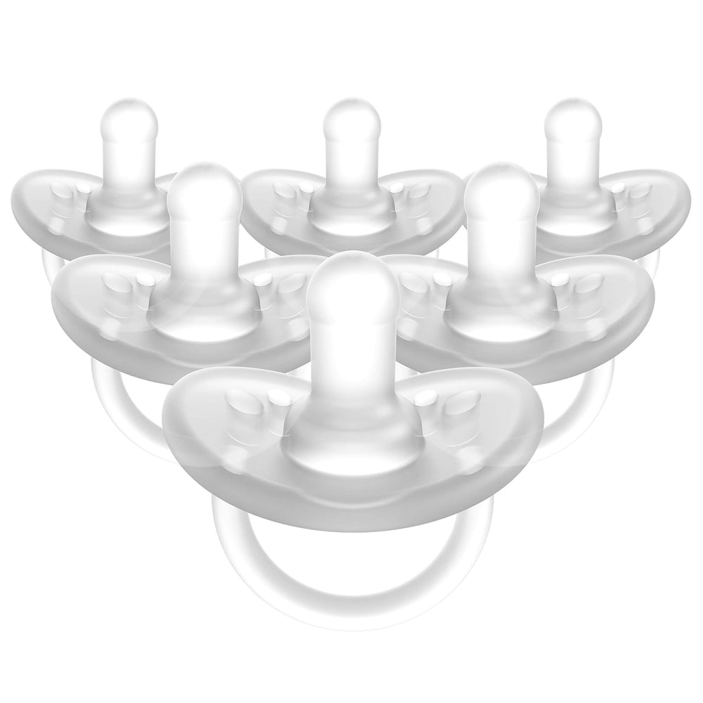 Evenflo Balance Plus Stage 1 pacifier, clear pack six, designed to promote natural tongue position.