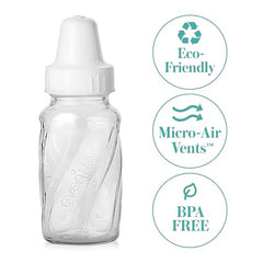 Evenflo Classic Glass Bottle close-up shows clear, durable glass for lasting daily use.