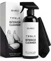 EVEO Tesla interior cleaner bottle pour demonstrates safe vegan leather cleaning.