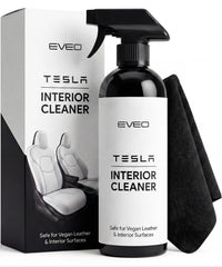EVEO Tesla interior cleaner bottle pour demonstrates safe vegan leather cleaning.