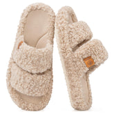 EverFoams women's fuzzy open-toe slippers on foot for cozy indoor comfort.