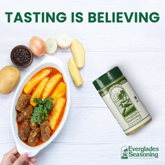Everglades All Purpose Seasoning in kitchen scene suggests everyday flavor boost