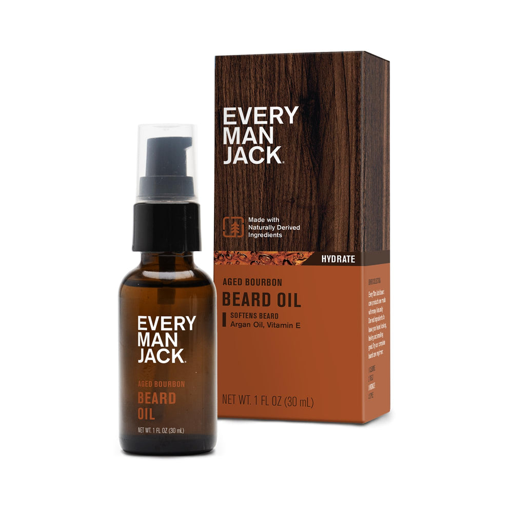 Every Man Jack beard oil aged bourbon bottle with a glossy shine.