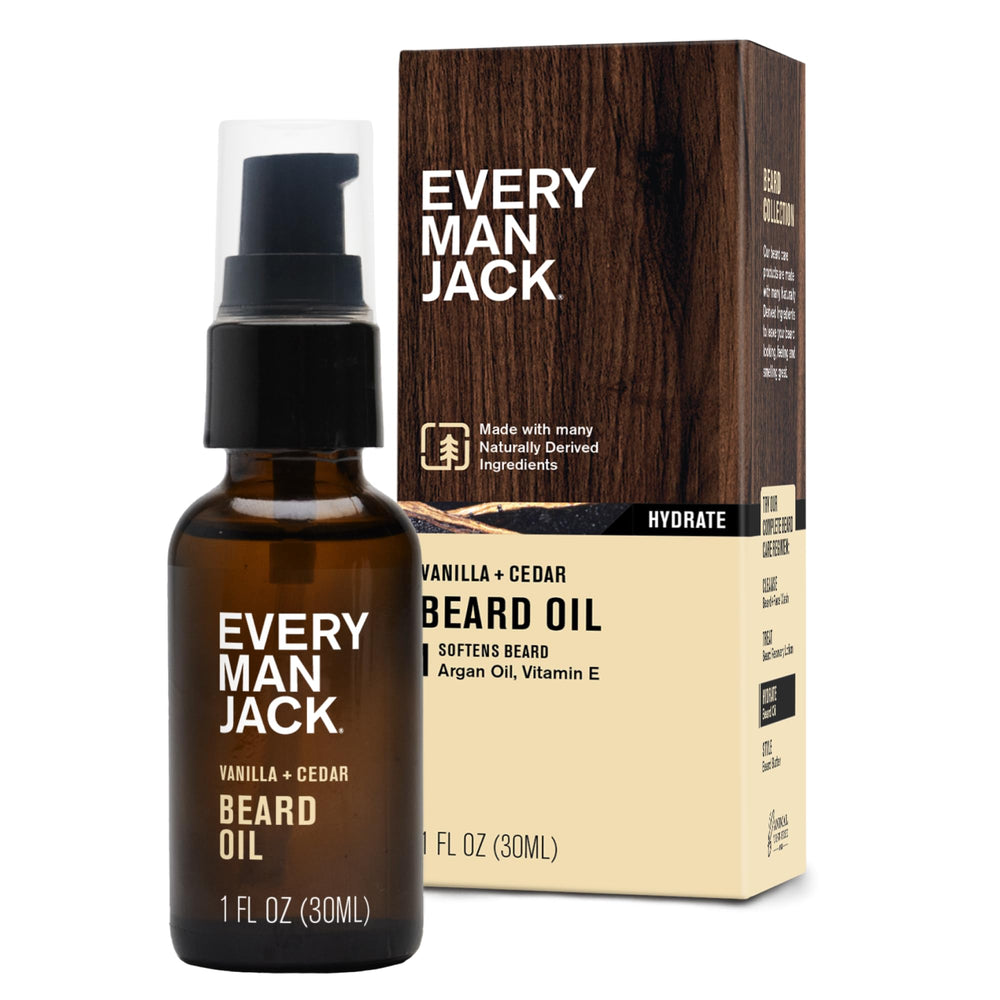 Every Man Jack beard oil bottle with vanilla cedar scent for daily conditioning and shine.