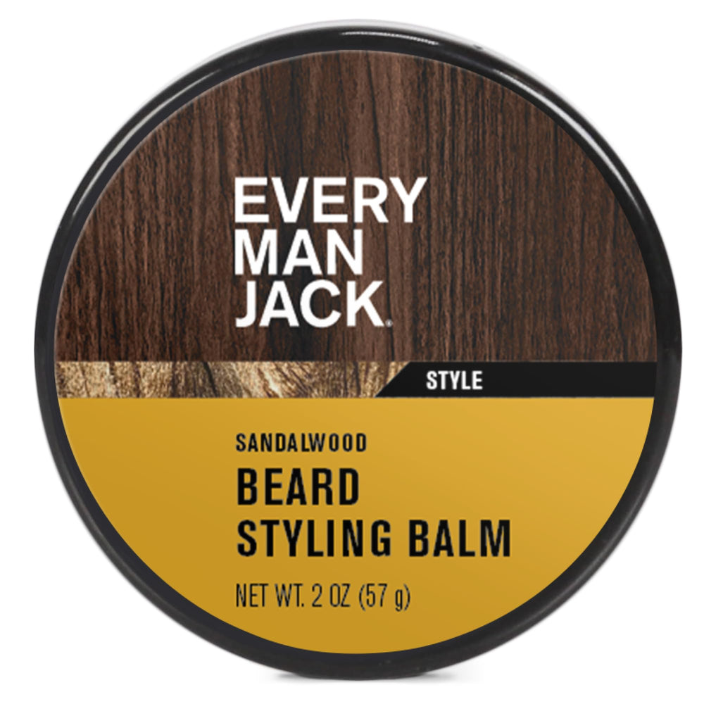 Every Man Jack beard styling balm in tin shows a light sandalwood scent for easy shaping