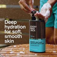 Close-up of cap on Every Man Jack Coconut Driftwood body wash