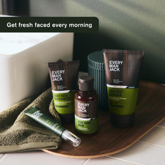 Every Man Jack fragrance-free label indicating sensitive-skin friendly cleanser.