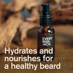 Label close-up of Every Man Jack Sandalwood Beard Oil showing natural ingredients.