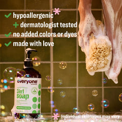Everyone 3-in-1 shampoo-lather demonstrates cleansing for hair and skin.