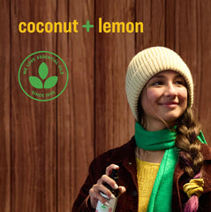 Everyone Hand Sanitizer Spray label closeup coconut lemon fragrance for quick refresh.