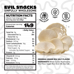 EVIL SNACKS Crunchy Mushroom Chips ingredient panel close-up highlighting plant-based, vegan ingredients.