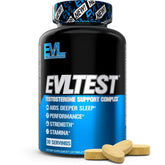 EVLTest bottle front with packaging indicating post-workout support and testosterone focus.