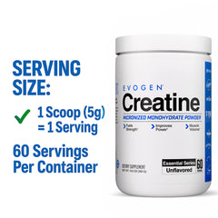 Label close-up of Evogen Creatine Monohydrate emphasizing purity and unflavored formula