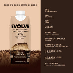 Close-up of Evolve plant-based ingredients highlighting pea protein and non-GMO sourcing.