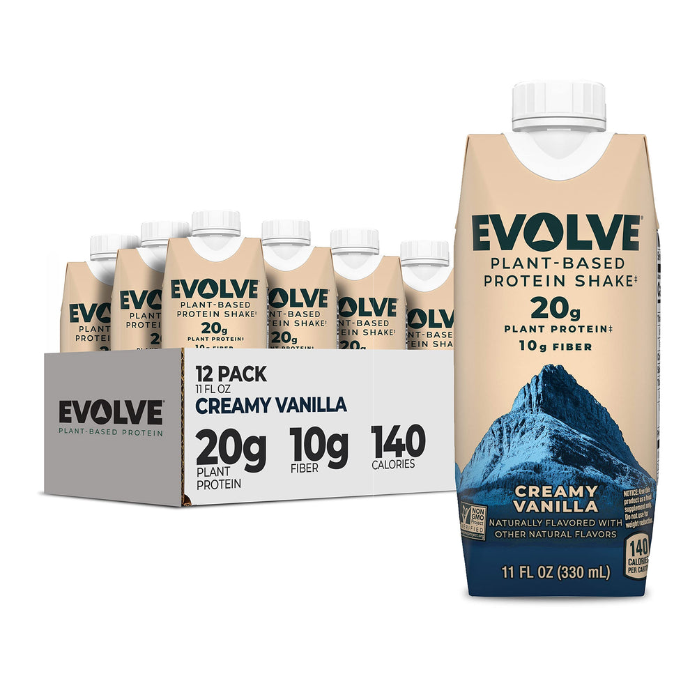 Evolve Vanilla Bean plant-based protein shake bottle highlighting 20g protein for active days